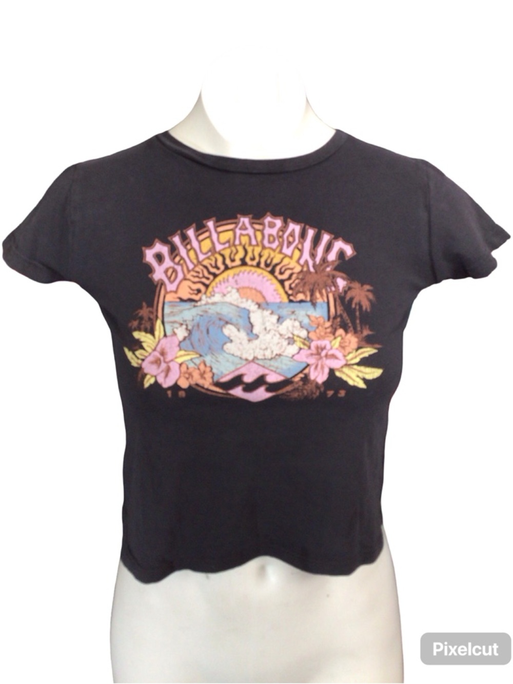 Billabong Black Crop Tee with Pink & Yellow Surf Graphic